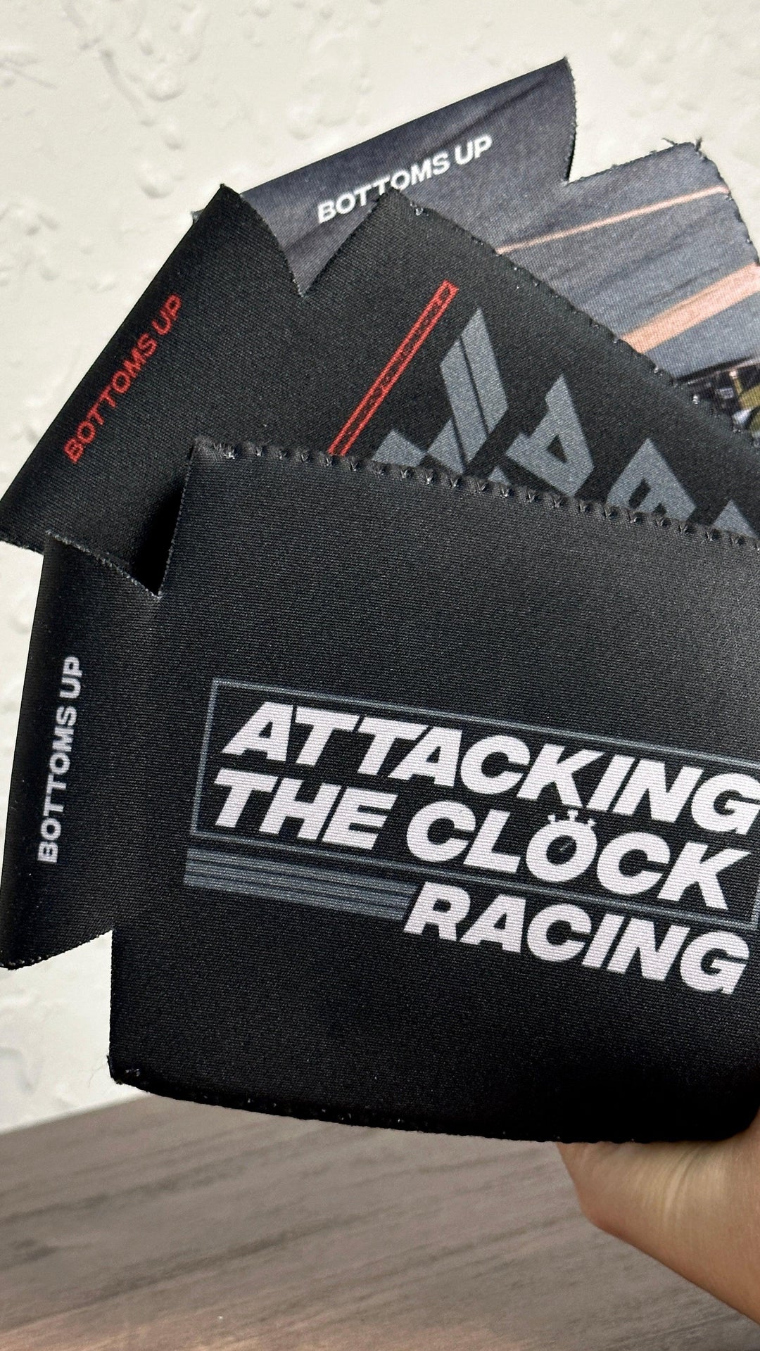 Bottoms Up! Koozie - Attacking the Clock Racing