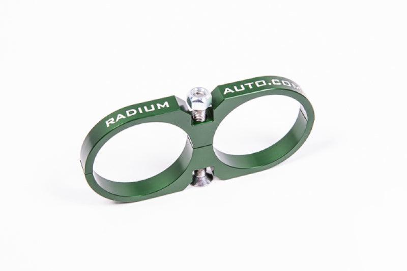 Radium Engineering 2-Piece Fuel Pump Clamp For Bosch 044 - Green W/ Logo - Attacking the Clock Racing