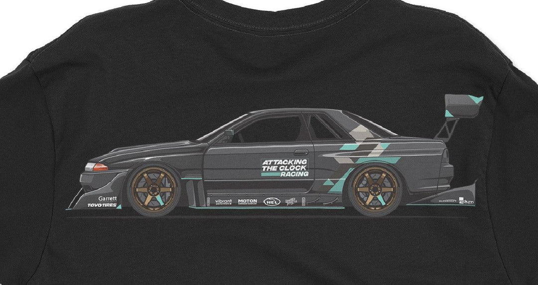 R32 GTR Time Attack Shop Build T-Shirt - Attacking the Clock Racing