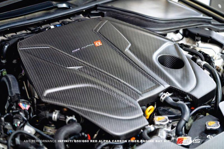 AMS Performance Infiniti 17+ Q60 / 16+ Q50 3.0TT Alpha Matte Carbon Engine Cover - Attacking the Clock Racing