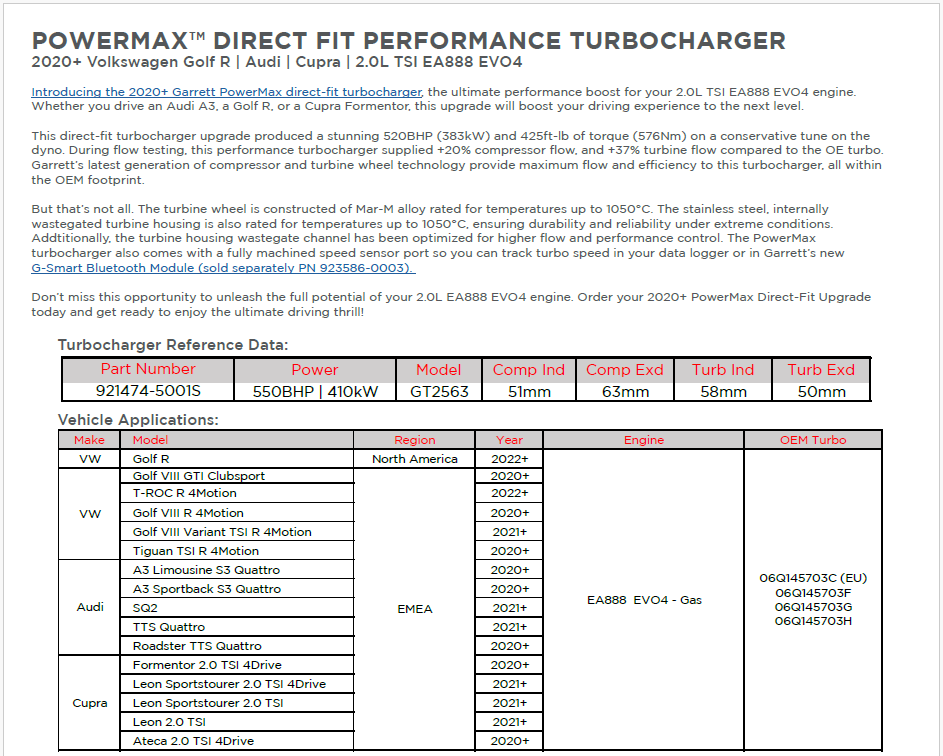 GARRETT PowerMAX 550HP, MK8 GOLF R, 2020+ VW 2.0L TSI EA888 EVO4