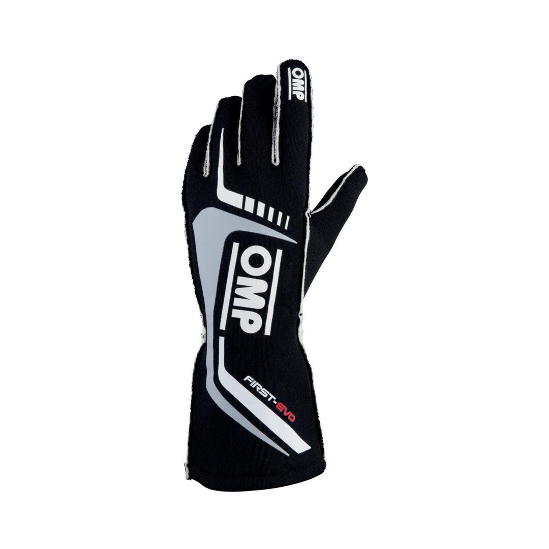 OMP First Evo Gloves Black Medium - Attacking the Clock Racing