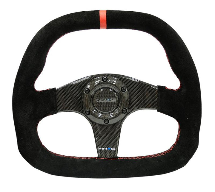 NRG Carbon Fiber Steering Wheel (320mm) Flat Btm. Blk Suede/Red Stitch w/CF Spokes & Red Center Mark - Attacking the Clock Racing
