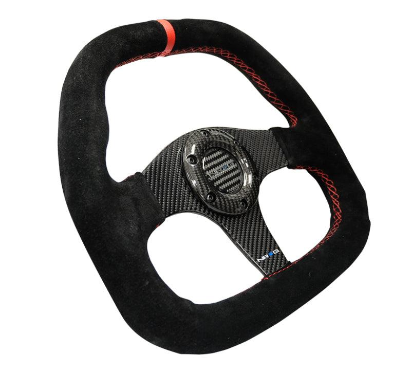 NRG Carbon Fiber Steering Wheel (320mm) Flat Btm. Blk Suede/Red Stitch w/CF Spokes & Red Center Mark - Attacking the Clock Racing